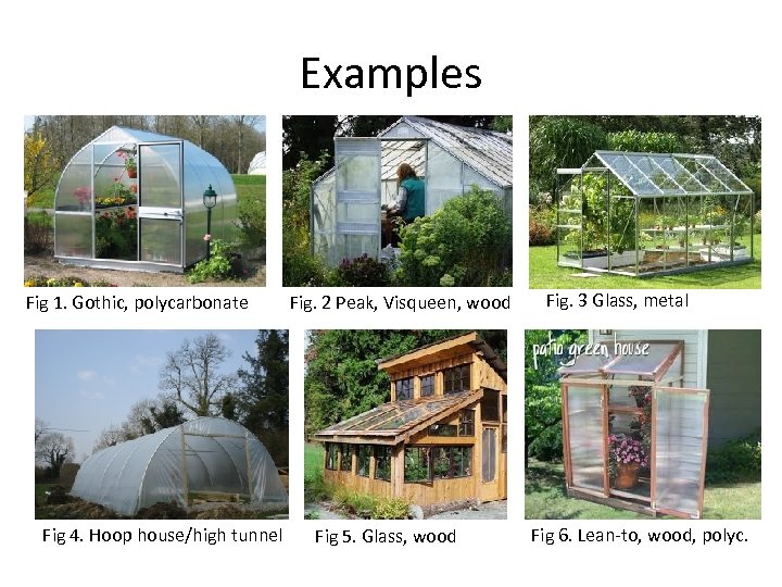 Examples Fig 1. Gothic, polycarbonate Fig 4. Hoop house/high tunnel Fig. 2 Peak, Visqueen,