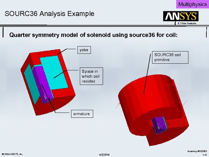 Multiphysics SOURC 36 Analysis Example 8. 1 New Features Quarter symmetry model of solenoid