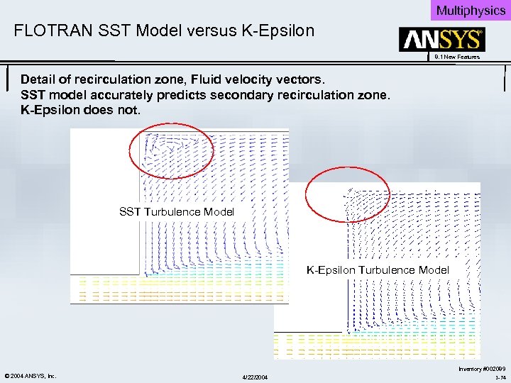 Multiphysics FLOTRAN SST Model versus K-Epsilon 8. 1 New Features Detail of recirculation zone,