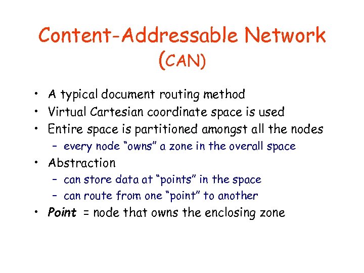 Content-Addressable Network (CAN) • A typical document routing method • Virtual Cartesian coordinate space