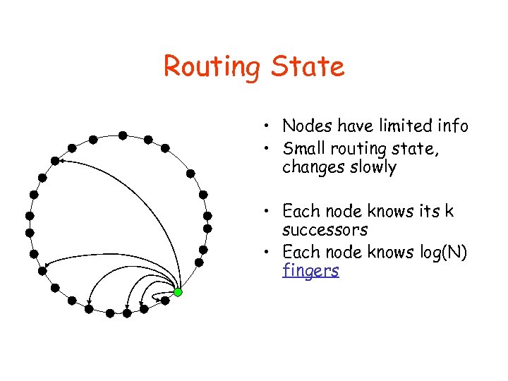 Routing State • Nodes have limited info • Small routing state, changes slowly •