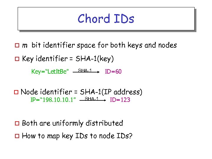 Chord IDs o m bit identifier space for both keys and nodes o Key