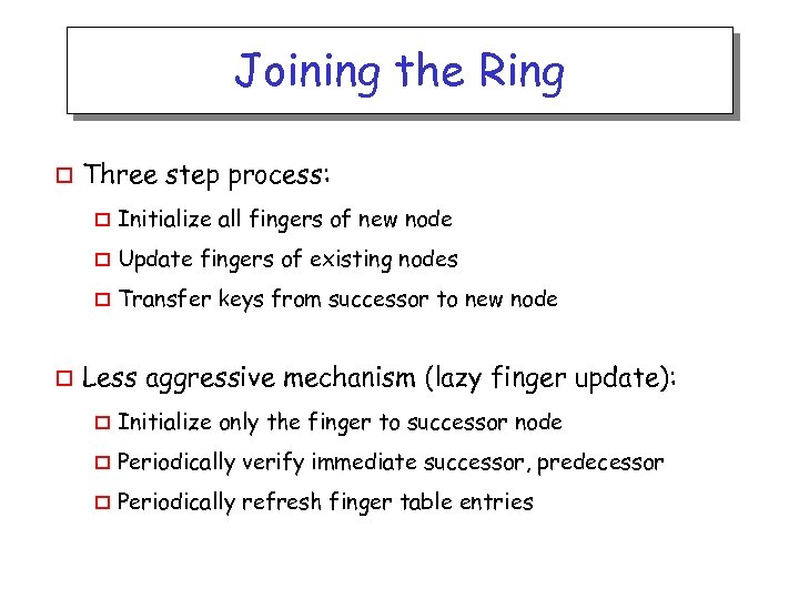 Joining the Ring o Three step process: o o Update fingers of existing nodes