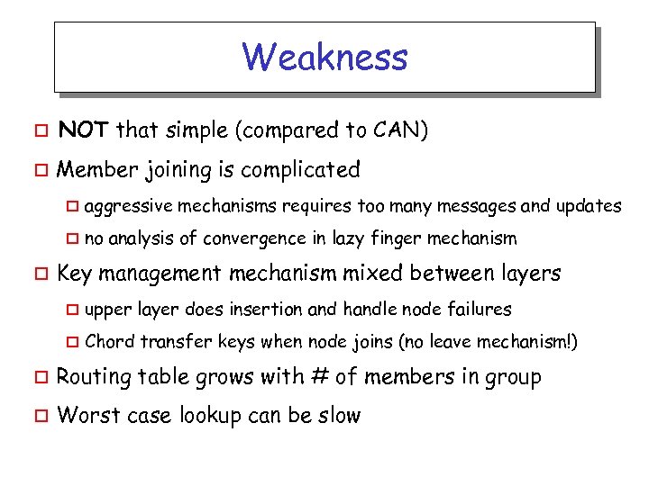 Weakness o NOT that simple (compared to CAN) o Member joining is complicated o
