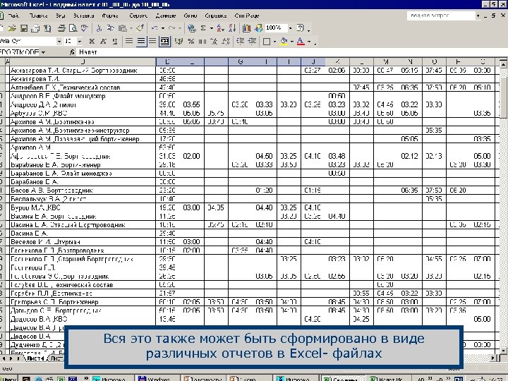Вся это также может быть сформировано в виде различных отчетов в Excel- файлах 
