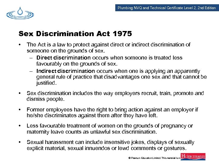Plumbing NVQ and Technical Certificate Level 2, 2 nd Edition Sex Discrimination Act 1975