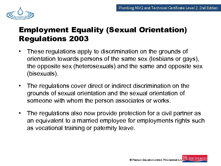 Plumbing NVQ and Technical Certificate Level 2, 2 nd Edition Employment Equality (Sexual Orientation)
