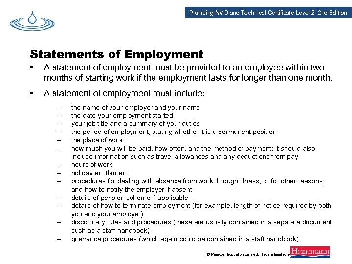 Plumbing NVQ and Technical Certificate Level 2, 2 nd Edition Statements of Employment •