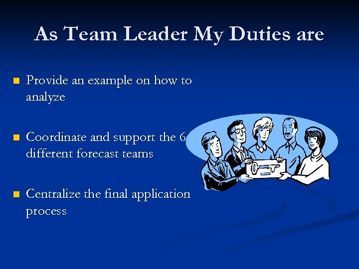 As Team Leader My Duties are n Provide an example on how to analyze