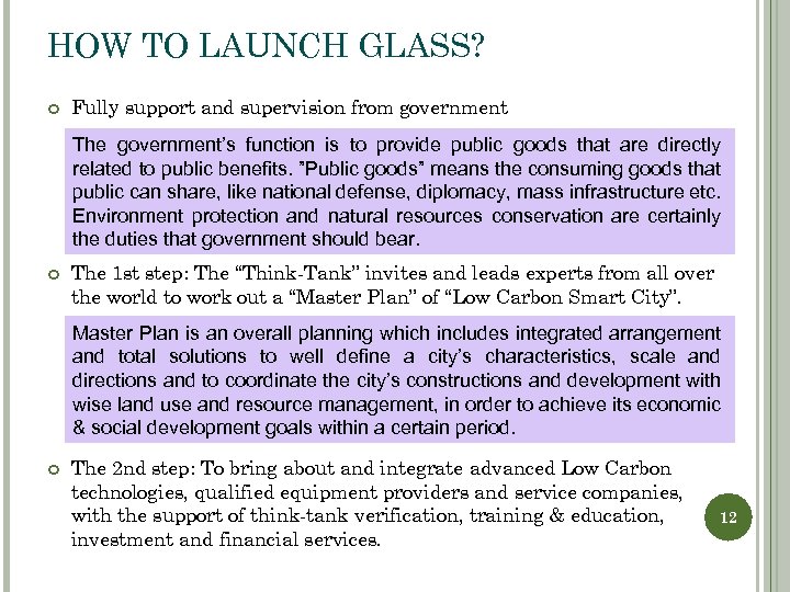 HOW TO LAUNCH GLASS? Fully support and supervision from government The government’s function is