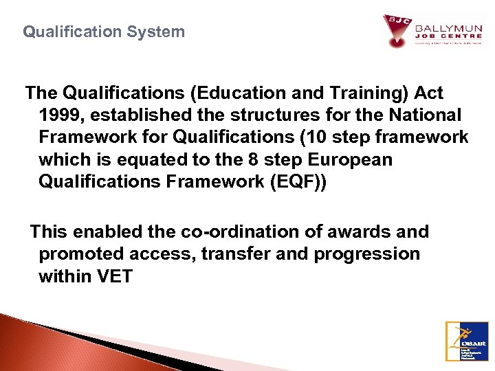 Qualification System The Qualifications (Education and Training) Act 1999, established the structures for the