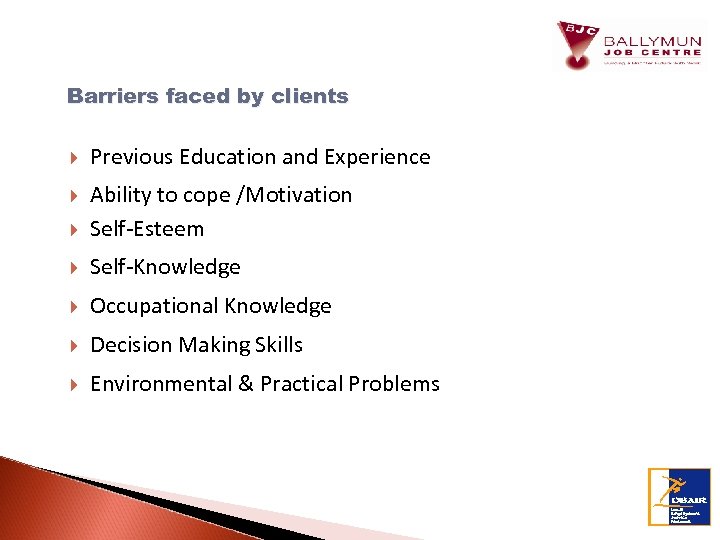 Barriers faced by clients Previous Education and Experience Ability to cope /Motivation Self-Esteem Self-Knowledge
