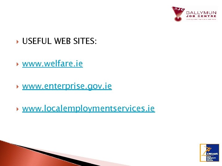  USEFUL WEB SITES: www. welfare. ie www. enterprise. gov. ie www. localemploymentservices. ie