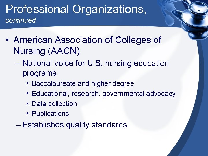 Professional Organizations, continued • American Association of Colleges of Nursing (AACN) – National voice