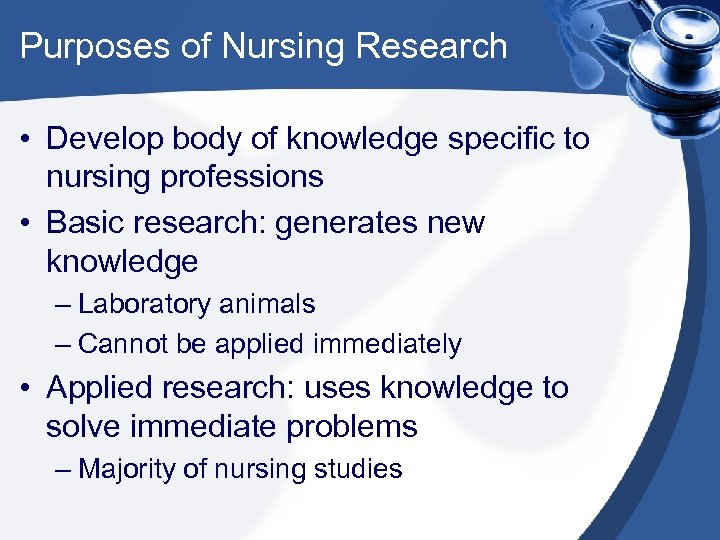 Purposes of Nursing Research • Develop body of knowledge specific to nursing professions •