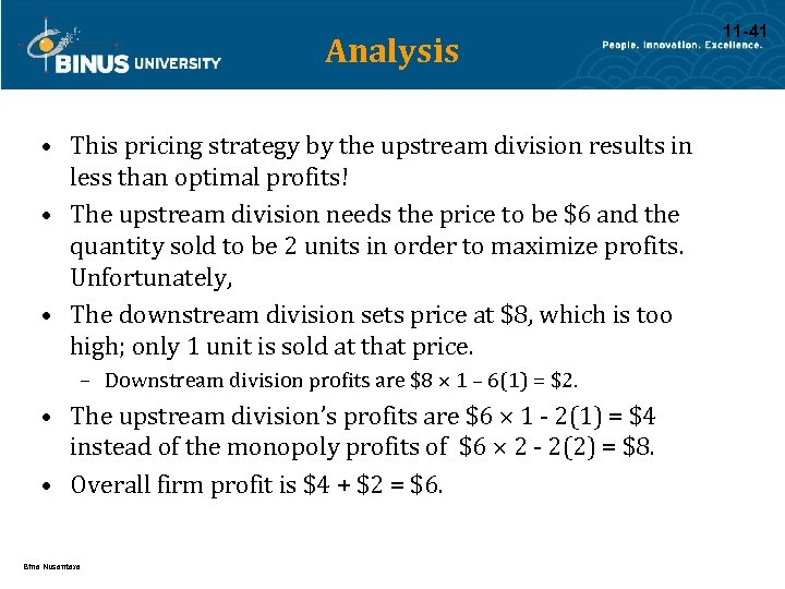 Analysis • This pricing strategy by the upstream division results in less than optimal