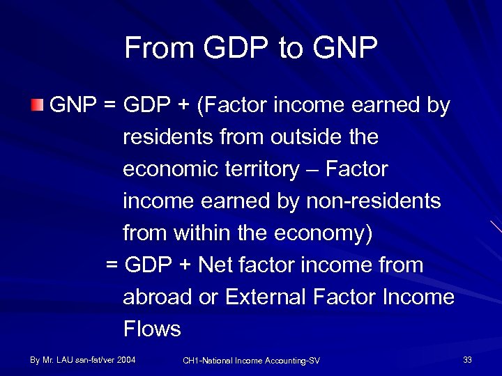 From GDP to GNP = GDP + (Factor income earned by residents from outside