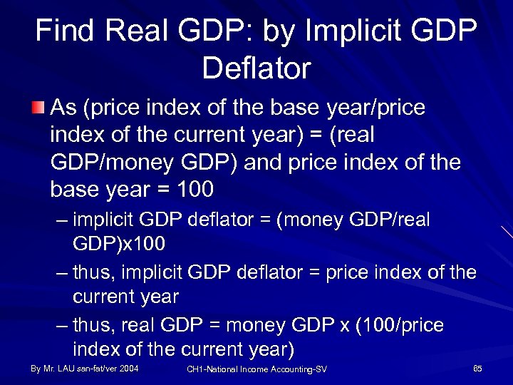 Find Real GDP: by Implicit GDP Deflator As (price index of the base year/price