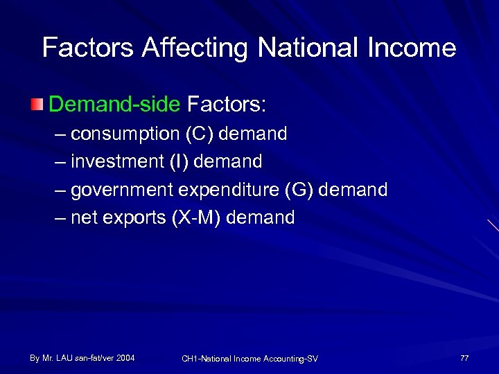 Factors Affecting National Income Demand-side Factors: – consumption (C) demand – investment (I) demand