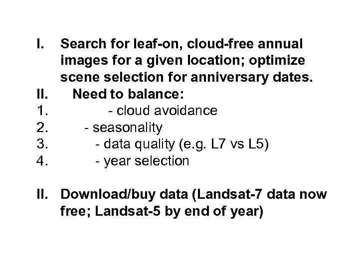 I. II. 1. 2. 3. 4. Search for leaf-on, cloud-free annual images for a