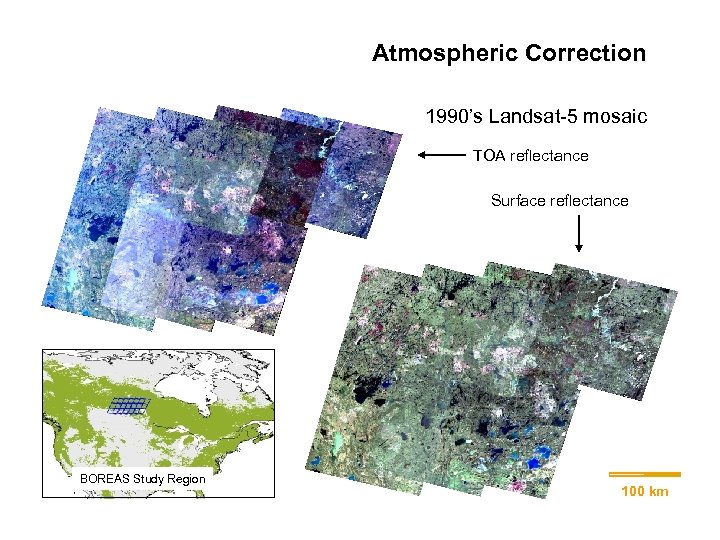 Atmospheric Correction 1990’s Landsat-5 mosaic TOA reflectance Surface reflectance 100 km BOREAS Study Region