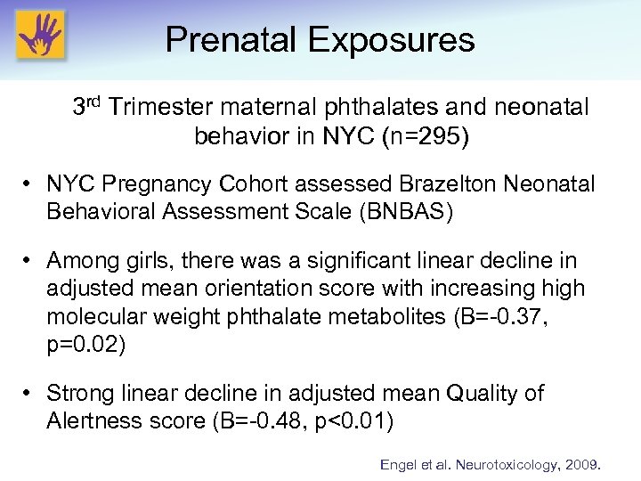 Prenatal Exposures 3 rd Trimester maternal phthalates and neonatal behavior in NYC (n=295) •