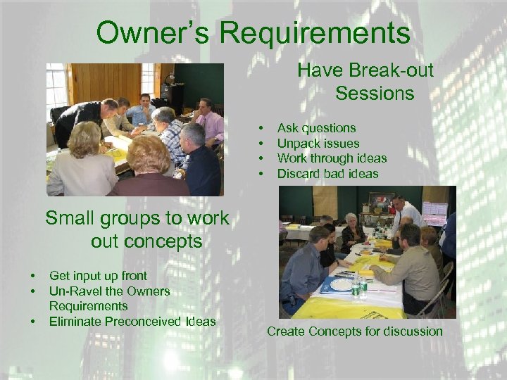 Owner’s Requirements Have Break-out Sessions • • Ask questions Unpack issues Work through ideas