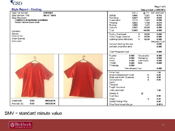 SMV = standard minute value 14 