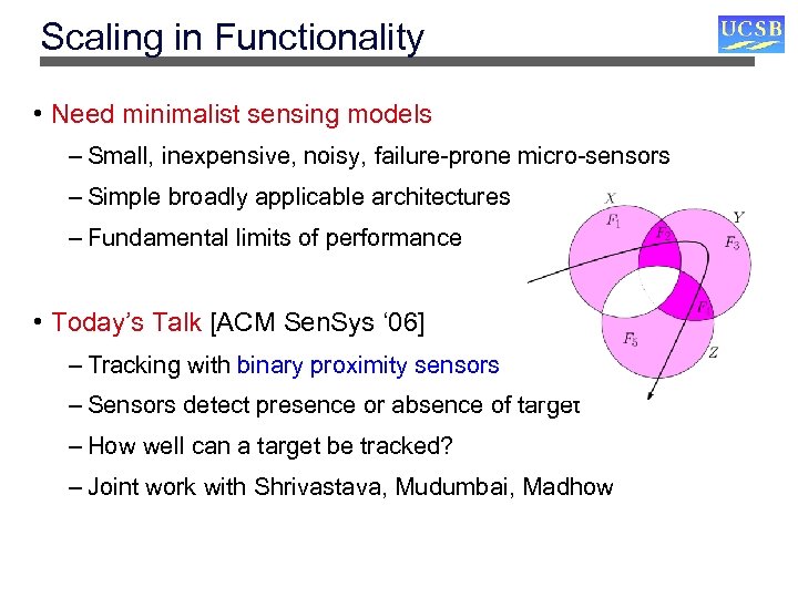 Scaling in Functionality • Need minimalist sensing models – Small, inexpensive, noisy, failure-prone micro-sensors