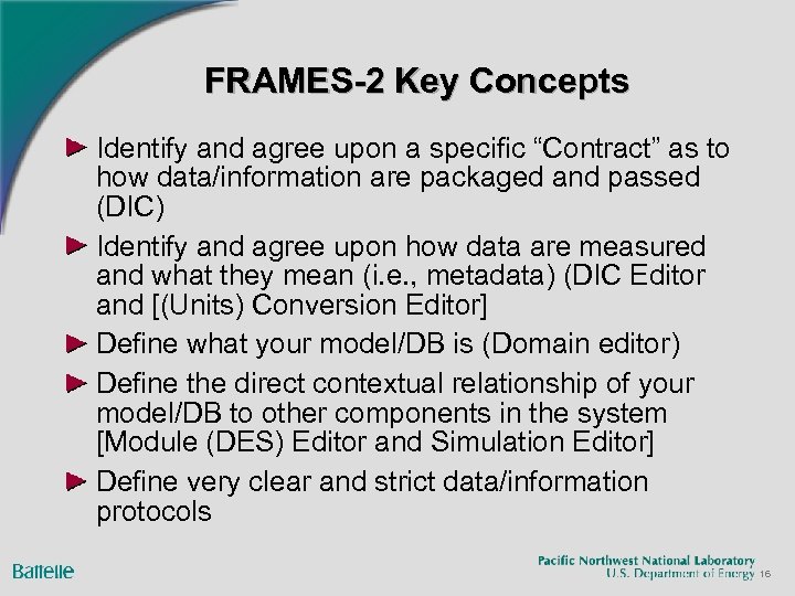 FRAMES-2 Key Concepts Identify and agree upon a specific “Contract” as to how data/information