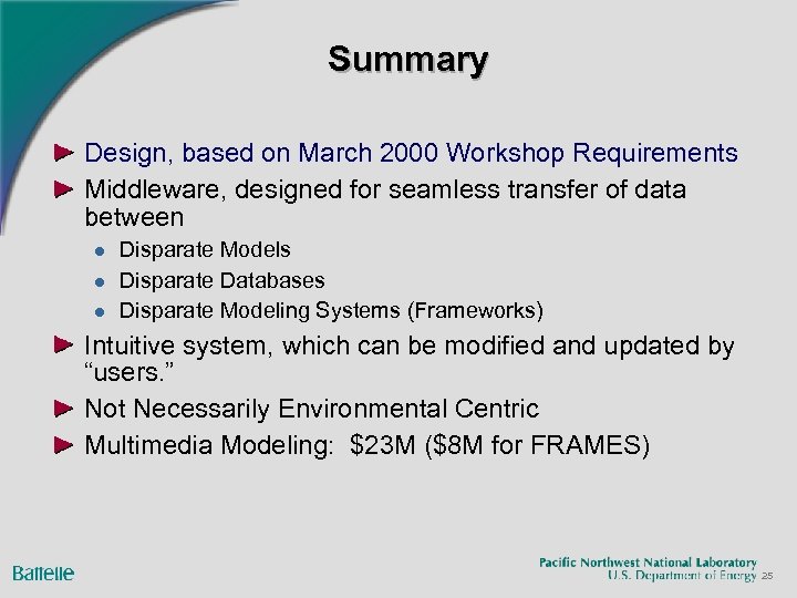 Summary Design, based on March 2000 Workshop Requirements Middleware, designed for seamless transfer of