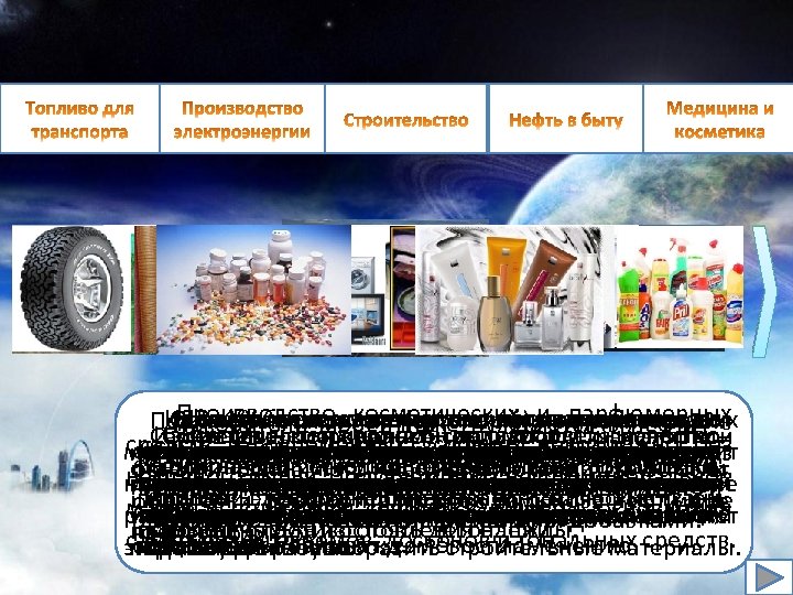 Производство косметических Из В XX веке железнодорожного парфюмерных Для работы нефти используют новый лекарства,