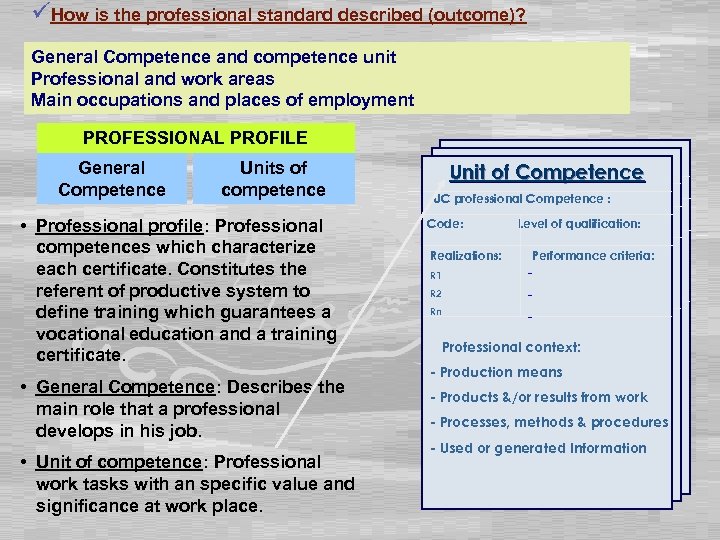 üHow is the professional standard described (outcome)? General Competence and competence unit Professional and