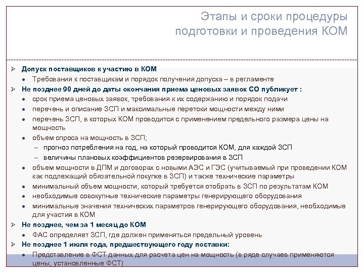 Этапы и сроки процедуры подготовки и проведения КОМ Ø Допуск поставщиков к участию в
