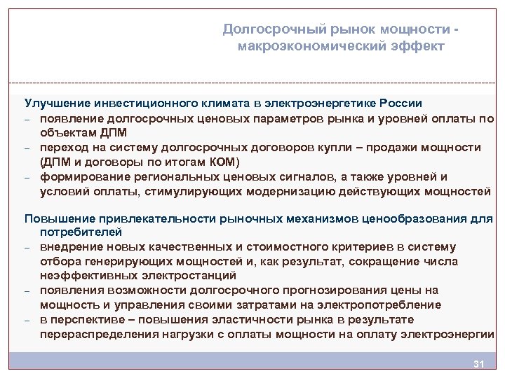 Долгосрочный рынок мощности макроэкономический эффект Улучшение инвестиционного климата в электроэнергетике России – появление долгосрочных