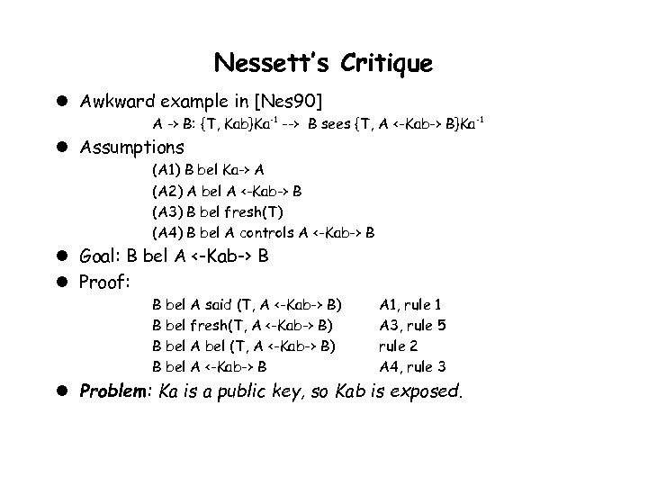 Nessett’s Critique l Awkward example in [Nes 90] A -> B: {T, Kab}Ka-1 -->