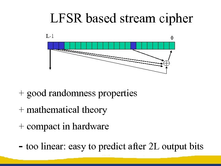 LFSR based stream cipher L-1 0 + good randomness properties + mathematical theory +