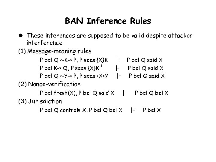 BAN Inference Rules l These inferences are supposed to be valid despite attacker interference.