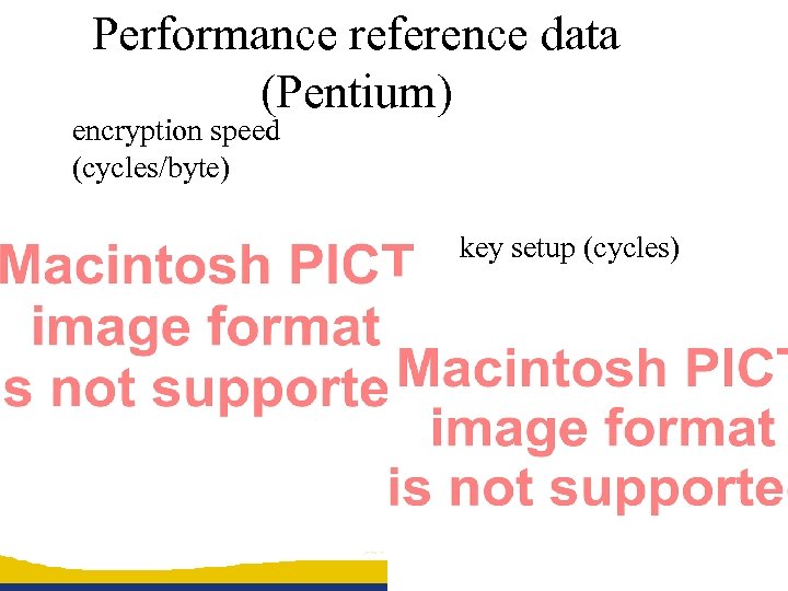 Performance reference data (Pentium) encryption speed (cycles/byte) key setup (cycles) 