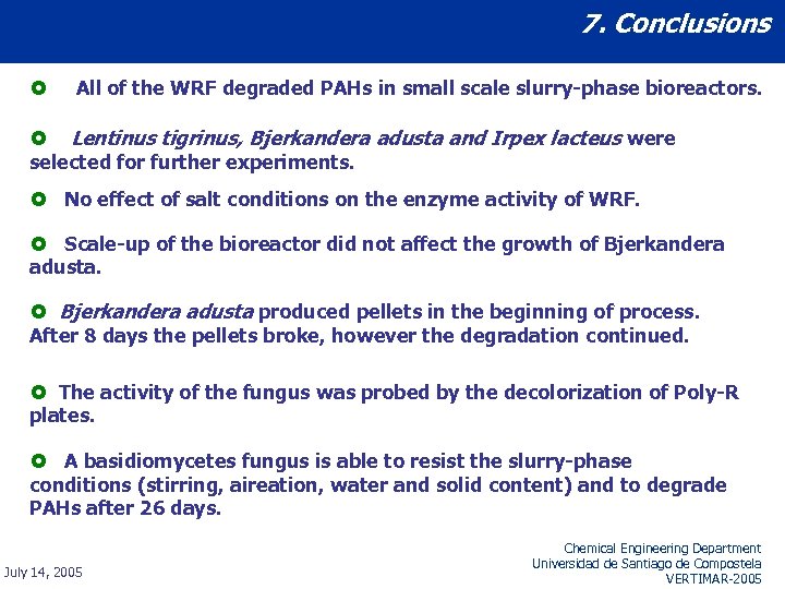 7. Conclusions £ All of the WRF degraded PAHs in small scale slurry-phase bioreactors.