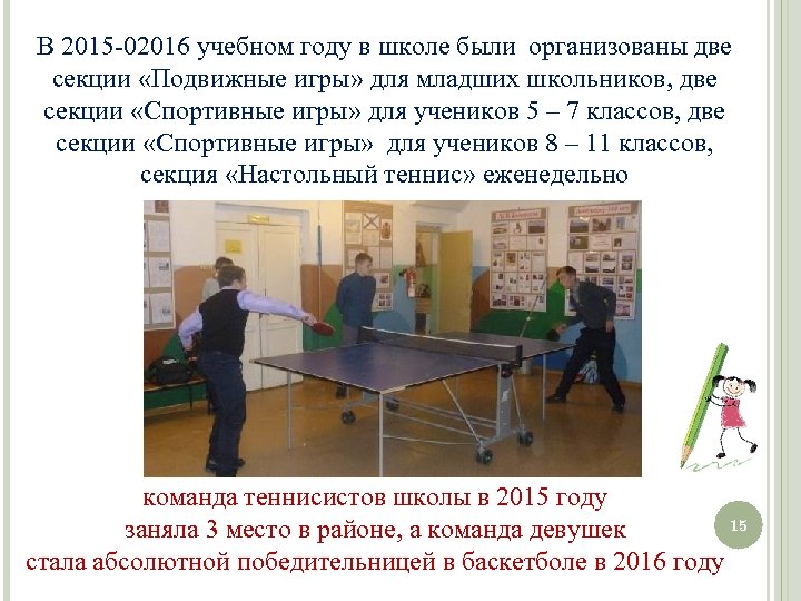 В 2015 -02016 учебном году в школе были организованы две секции «Подвижные игры» для