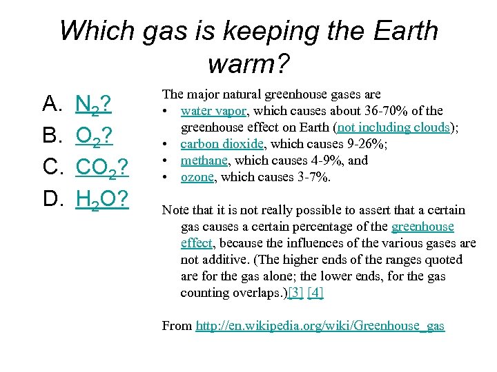 Which gas is keeping the Earth warm? A. B. C. D. N 2? O