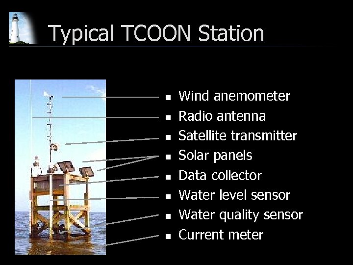 Typical TCOON Station n n n n Wind anemometer Radio antenna Satellite transmitter Solar