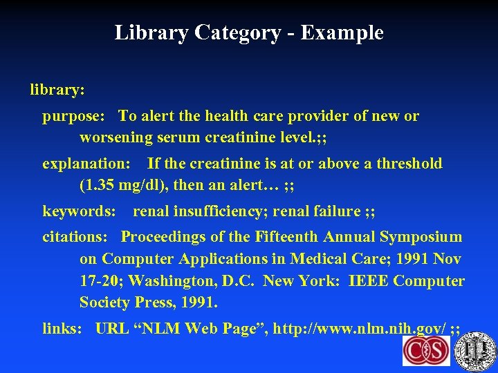 Library Category - Example library: purpose: To alert the health care provider of new