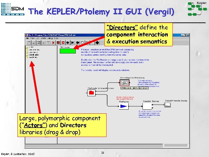 The KEPLER/Ptolemy II GUI (Vergil) “Directors” define the component interaction & execution semantics Large,