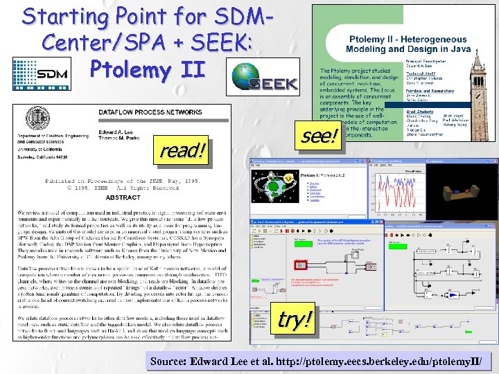 Starting Point for SDMCenter/SPA + SEEK: Ptolemy II read! see! try! Source: Edward Lee