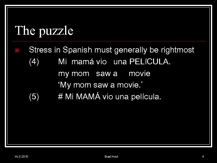 The puzzle n HLS 2010 Stress in Spanish must generally be rightmost (4) Mi