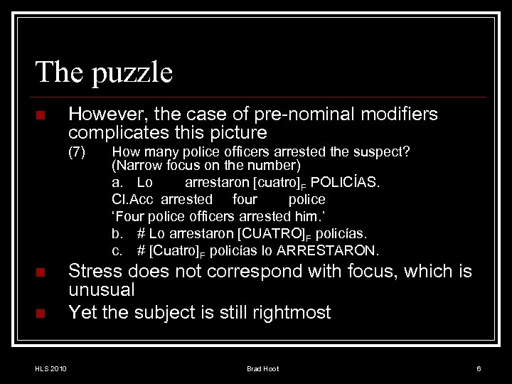 The puzzle n However, the case of pre-nominal modifiers complicates this picture (7) n