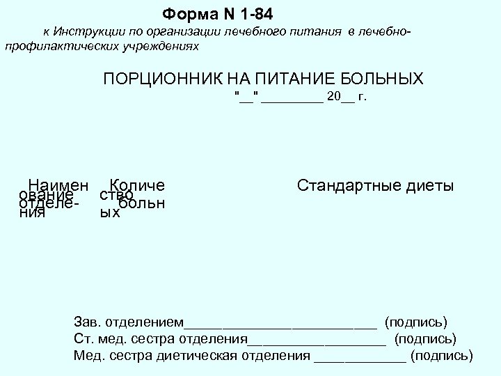 Образцы заполнения порционного требования