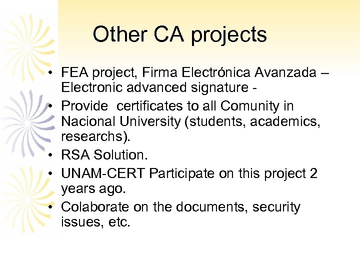 Other CA projects • FEA project, Firma Electrónica Avanzada – Electronic advanced signature •